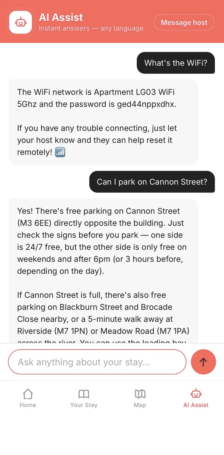 Guidebook AI Assist chat answering guest questions about WiFi and parking