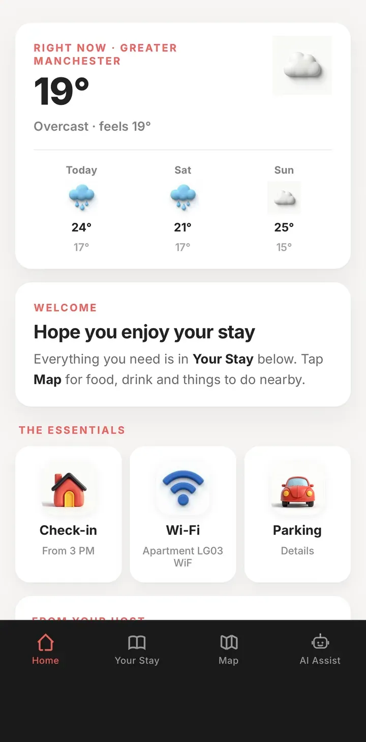 Guidebook home screen with live weather and quick links to the essentials