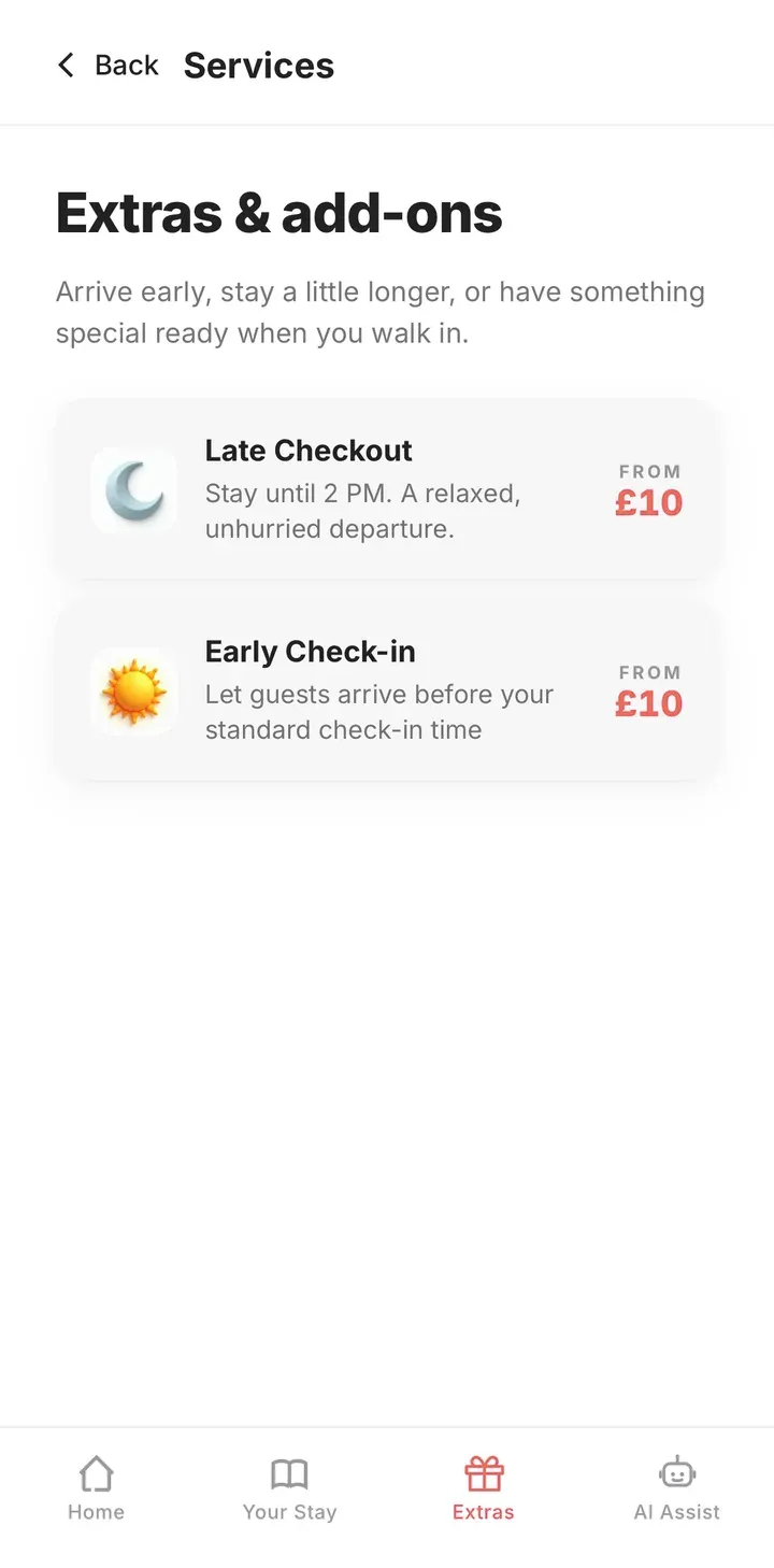 Guidebook extras screen offering late checkout and early check-in upsells