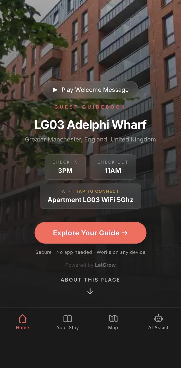 Zugrow guest guidebook home screen for a Manchester apartment, showing check-in times, WiFi and a play welcome message button