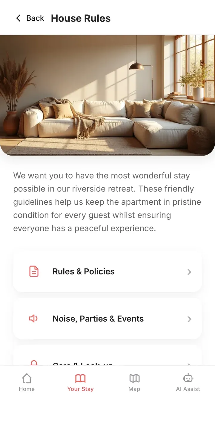 Guidebook house rules screen with clearly organised policies