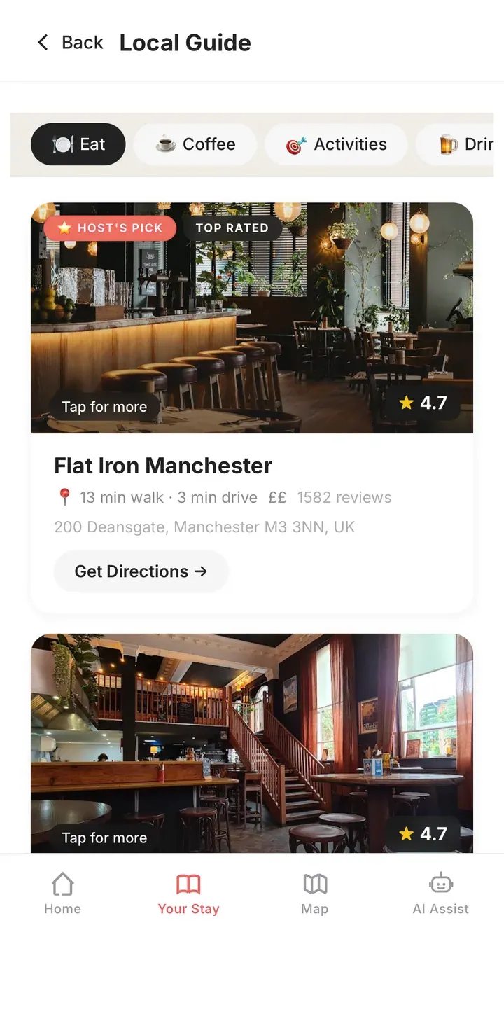 Guidebook local guide showing a recommended restaurant with rating and directions