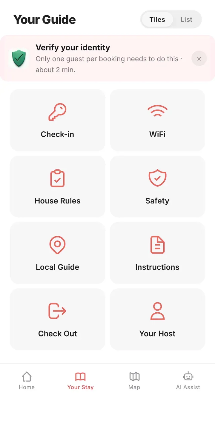 Zugrow guest guidebook sections grid: check-in, WiFi, house rules, safety, local guide and more